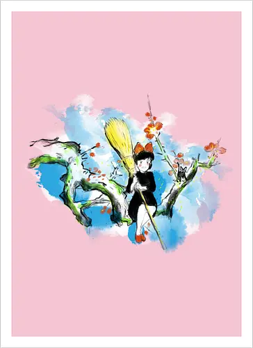 Sumi-e little witch - anime, movie, little witch, Kiki, movie, japan pop culture - Kunstdruck