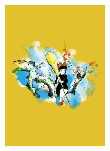 Sumi-e little witch - anime, movie, little witch, Kiki, movie, japan pop culture - Kunstdruck