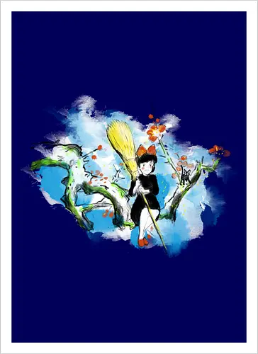 Sumi-e little witch - anime, movie, little witch, Kiki, movie, japan pop culture - Kunstdruck
