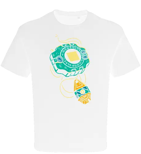 Distressed DigiVice - Digital, DigiVice, Digimon Adventure, 90s anime, retro anime, fan art, t-shirt design, art print, distressed graphic, pop culture, Crest of Courage, digital monster, geek art, nostalgic, Tai Kamiya - Oversize T-Shirt