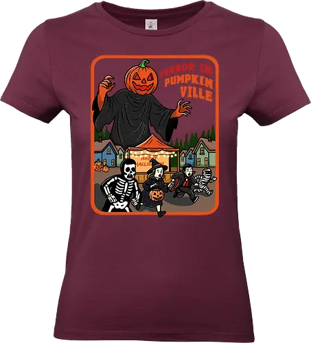 Terror in Pumpkinville - halloween terror, Halloween night, retro Halloween, vintage Halloween, pumpkin head, Halloween night, chaos, spooky season, trick or treat, creepy cute, skeleton - Standard T-Shirt (Frauen)