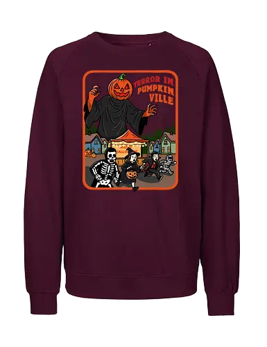 Terror in Pumpkinville - halloween terror, Halloween night, retro Halloween, vintage Halloween, pumpkin head, Halloween night, chaos, spooky season, trick or treat, creepy cute, skeleton - Fairtrade Sweatshirt