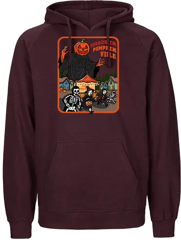 Terror in Pumpkinville - halloween terror, Halloween night, retro Halloween, vintage Halloween, pumpkin head, Halloween night, chaos, spooky season, trick or treat, creepy cute, skeleton - Fairtrade Hoodie