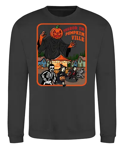 Terror in Pumpkinville - halloween terror, Halloween night, retro Halloween, vintage Halloween, pumpkin head, Halloween night, chaos, spooky season, trick or treat, creepy cute, skeleton - Sweatshirt