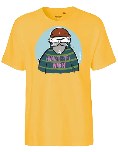 Hunger, Pipi, Warm!  - Statement, Handgezeichnet, Humor, Selbstironie, Streifenpulli, Spruchshirt, Ringelpullisprüche, Ringeldinger, streifenweise, Spruch, Weisheit, Motivation, Ringelpulli, SprücheShirt, Cartoon Illustration, Männer, deutsch - Fairtrade T-Shirt