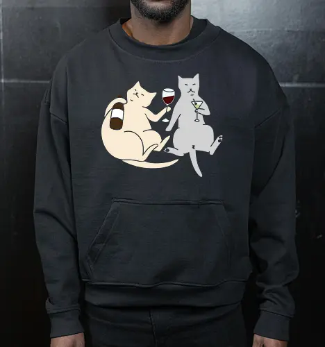 Cat Happy Hour - Cat wine, funny cat, happy hour, drinking, cocktails, wine lover, cat lover gift, minimalist, quirky humor, t-shirt design, art print, martini, funny graphic, sophisticated cat, tipsy - Cropped Sweatshirt