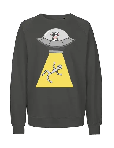 Revenge of the Cow - Cow abduction, funny UFO, alien abduction, cow pilot, sci-fi humor, conspiracy theory, animal revenge, funny graphic, t-shirt design, art print, minimalist, quirky humor, space cow, geek art. - Fairtrade Sweatshirt