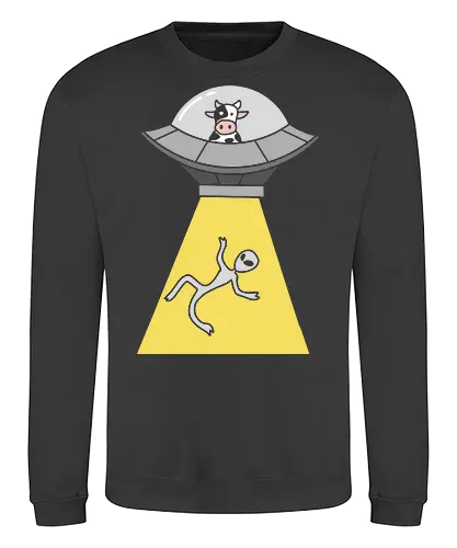 Revenge of the Cow - Cow abduction, funny UFO, alien abduction, cow pilot, sci-fi humor, conspiracy theory, animal revenge, funny graphic, t-shirt design, art print, minimalist, quirky humor, space cow, geek art. - Sweatshirt