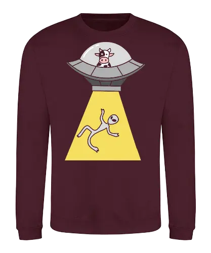 Revenge of the Cow - Cow abduction, funny UFO, alien abduction, cow pilot, sci-fi humor, conspiracy theory, animal revenge, funny graphic, t-shirt design, art print, minimalist, quirky humor, space cow, geek art. - Sweatshirt