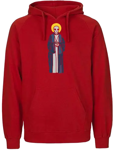 Our Alien Lady of Guadalupe - Alien saint, Grey Alien, religious art, sci-fi, conspiracy theory, alien monk, t-shirt design, unconventional art, faith, extraterrestrial, mysterious., art print, minimalist, pop culture, unique graphic - Fairtrade Hoodie