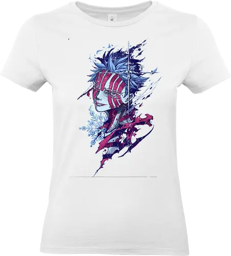  Ice and Stripes (Akaza) - Akaza, Slayer, Upper Rank Three, Twelve Kizuki, anime, manga, fan art, t-shirt design, art print, distressed graphic, cool anime villain, geek art, stylish, ice, snowflake, blue and pink. - Standard T-Shirt (Frauen)