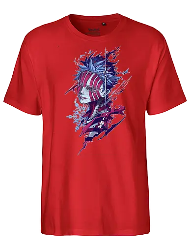  Ice and Stripes (Akaza) - Akaza, Slayer, Upper Rank Three, Twelve Kizuki, anime, manga, fan art, t-shirt design, art print, distressed graphic, cool anime villain, geek art, stylish, ice, snowflake, blue and pink. - Fairtrade T-Shirt