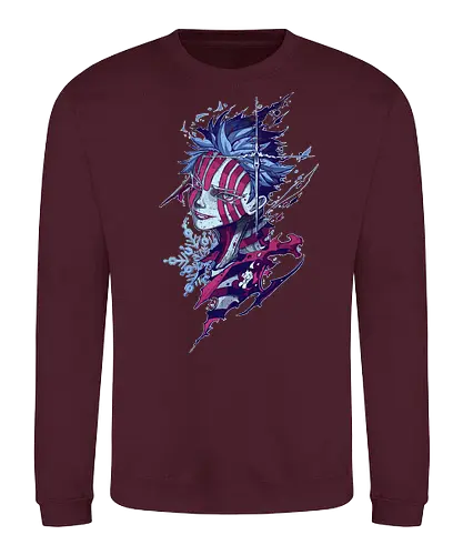  Ice and Stripes (Akaza) - Akaza, Slayer, Upper Rank Three, Twelve Kizuki, anime, manga, fan art, t-shirt design, art print, distressed graphic, cool anime villain, geek art, stylish, ice, snowflake, blue and pink. - Sweatshirt