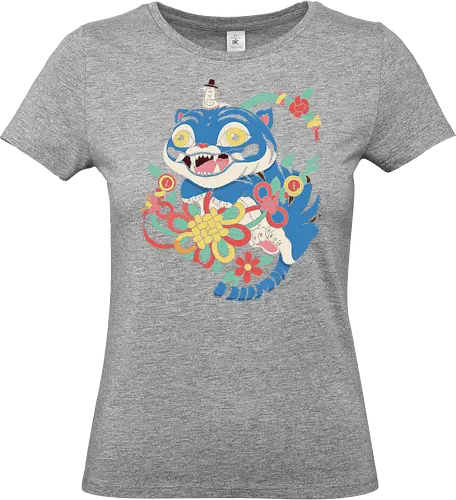 Blue Tiger Cat - K-Pop warrior cat, Korean folk art, blue tiger, tiger cat, K-Pop fan art, quirky cat, stylized animal, unique graphic, t-shirt design, art print, Asian mythology, whimsical, colorful floral, pop culture - Standard T-Shirt (Frauen)