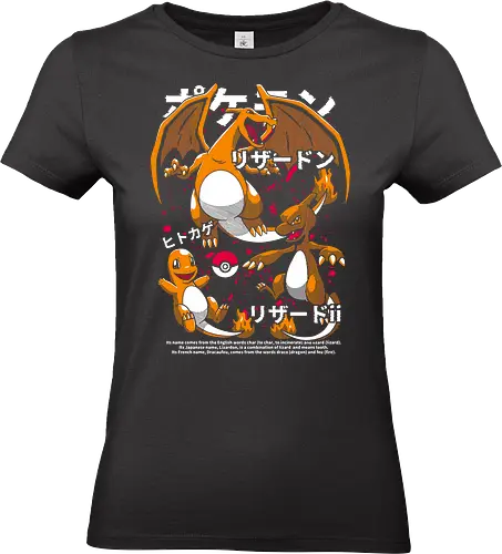Starter Evolution: Dragon's Fury - t-shirt design, art print, cool anime, geek art, iconic starter, retro gaming, dragon, Starter, Dragon, Charmeleon, Pocket, evolution, Kanto, fire type, fan art, Japanese graphic. - Standard T-Shirt (Frauen)
