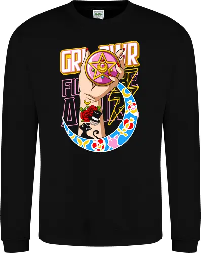  Moon Power Girl Boss - Sailor, Girl Power, GRR PWR, magical girl, anime, manga, fan art, t-shirt design, art print, neo-traditional tattoo, aesthetic, pink compact, crescent moon, empowering, nostalgic, cool anime girl. - Sweatshirt