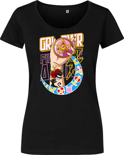  Moon Power Girl Boss - Sailor, Girl Power, GRR PWR, magical girl, anime, manga, fan art, t-shirt design, art print, neo-traditional tattoo, aesthetic, pink compact, crescent moon, empowering, nostalgic, cool anime girl. - Damen T-Shirt