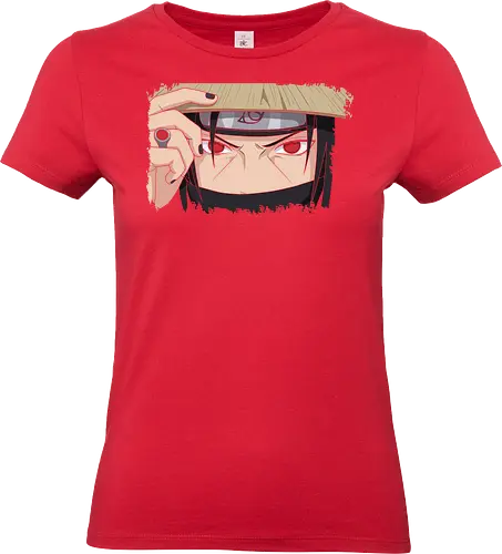  Itachi Uchiha: Sharingan Stare - geek art, intense gaze, ninja, villain, iconic anime, Itachi Uchiha, Sharingan, Mangekyō Sharingan, Akatsuki, Shinobi, Uchiha, fan art, t-shirt design, art print, cool anime art - Standard T-Shirt (Frauen)