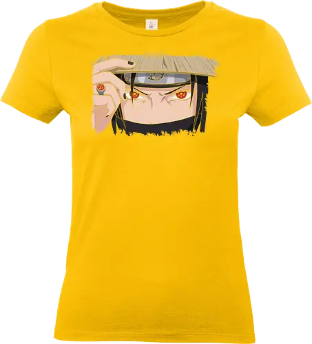  Itachi Uchiha: Sharingan Stare - geek art, intense gaze, ninja, villain, iconic anime, Itachi Uchiha, Sharingan, Mangekyō Sharingan, Akatsuki, Shinobi, Uchiha, fan art, t-shirt design, art print, cool anime art - Standard T-Shirt (Frauen)