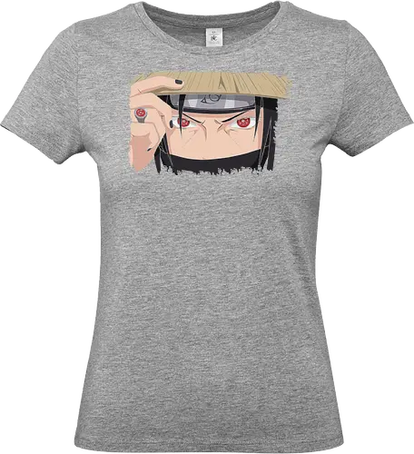  Itachi Uchiha: Sharingan Stare - geek art, intense gaze, ninja, villain, iconic anime, Itachi Uchiha, Sharingan, Mangekyō Sharingan, Akatsuki, Shinobi, Uchiha, fan art, t-shirt design, art print, cool anime art - Standard T-Shirt (Frauen)