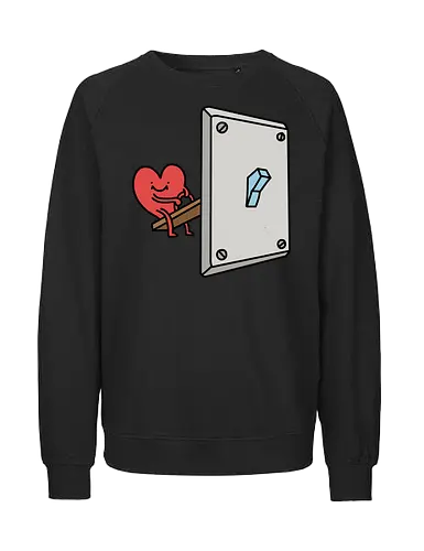Turning Love On - Love switch, turning on love, heart cartoon, funny relationship, emotional effort, commitment, light switch, whimsical, quirky humor, t-shirt design, art print, minimalist, love graphic, sweet, expressive - Fairtrade Sweatshirt