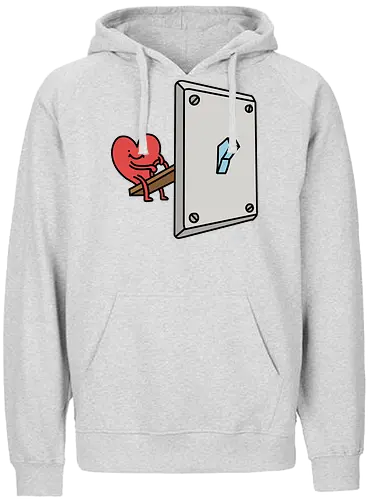 Turning Love On - Love switch, turning on love, heart cartoon, funny relationship, emotional effort, commitment, light switch, whimsical, quirky humor, t-shirt design, art print, minimalist, love graphic, sweet, expressive - Fairtrade Hoodie