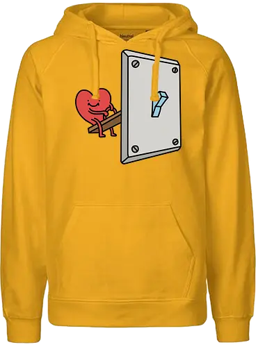Turning Love On - Love switch, turning on love, heart cartoon, funny relationship, emotional effort, commitment, light switch, whimsical, quirky humor, t-shirt design, art print, minimalist, love graphic, sweet, expressive - Fairtrade Hoodie