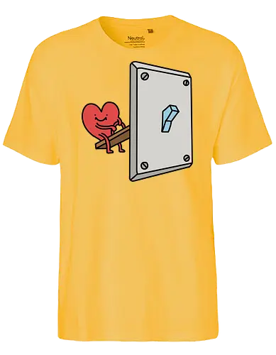 Turning Love On - Love switch, turning on love, heart cartoon, funny relationship, emotional effort, commitment, light switch, whimsical, quirky humor, t-shirt design, art print, minimalist, love graphic, sweet, expressive - Fairtrade T-Shirt