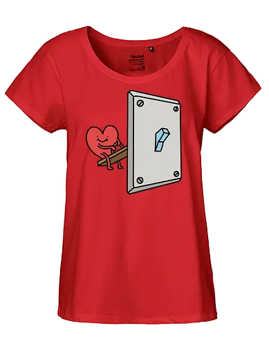 Turning Love On - Love switch, turning on love, heart cartoon, funny relationship, emotional effort, commitment, light switch, whimsical, quirky humor, t-shirt design, art print, minimalist, love graphic, sweet, expressive - Fairtrade Girl Shirt