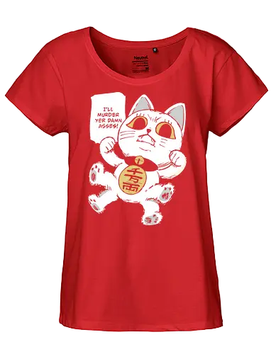 The Menace-ki Neko - Maneki-Neko, Lucky Cat, funny cat, angry cat, dark humor, sarcastic, Japanese art, pop culture parody, edgy graphic, t-shirt design, art print, I'll murder yer damn asses, aggressive cat, weird humor. - Fairtrade Girl Shirt