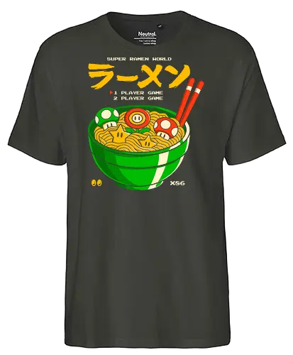 Super Ramen World - super ramen world, geek ramen, geek art, gamer art, japanese art, mario parody, geek illustration, ramen bowl, pop culture, retro illustration, pixel art, fun design, gamer shirt, noodle art, power-up ramen - Fairtrade T-Shirt