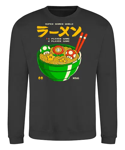 Super Ramen World - super ramen world, geek ramen, geek art, gamer art, japanese art, mario parody, geek illustration, ramen bowl, pop culture, retro illustration, pixel art, fun design, gamer shirt, noodle art, power-up ramen - Sweatshirt