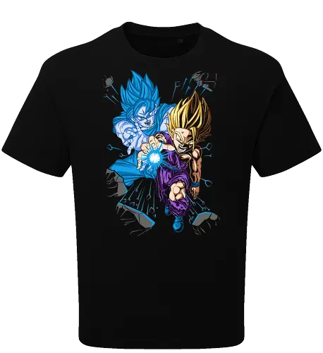 Father-Son Kamehameha - Father-Son Kamehameha, Goku, Gohan, Super Saiyan Blue, SSJ, Dragon Ball Z, DBZ, anime, manga, fan art, t-shirt design, art print, cool anime art, geek art, iconic scene, powerful duo, Kakarot. - Oversize T-Shirt