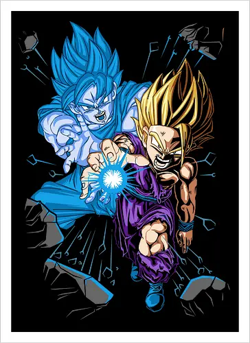 Father-Son Kamehameha - Father-Son Kamehameha, Goku, Gohan, Super Saiyan Blue, SSJ, Dragon Ball Z, DBZ, anime, manga, fan art, t-shirt design, art print, cool anime art, geek art, iconic scene, powerful duo, Kakarot. - Kunstdruck