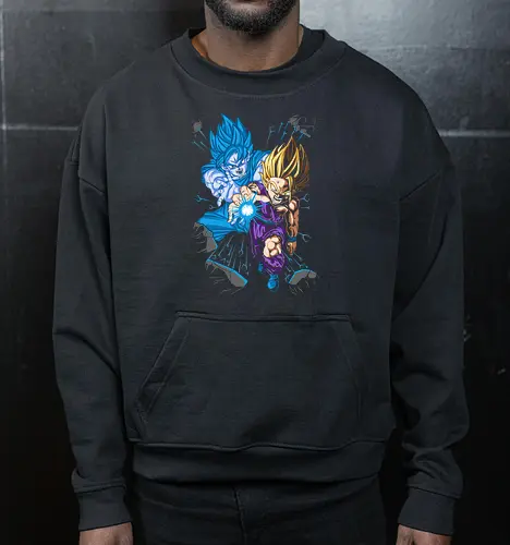 Father-Son Kamehameha - Father-Son Kamehameha, Goku, Gohan, Super Saiyan Blue, SSJ, Dragon Ball Z, DBZ, anime, manga, fan art, t-shirt design, art print, cool anime art, geek art, iconic scene, powerful duo, Kakarot. - Cropped Sweatshirt