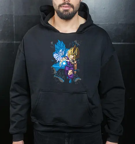 Father-Son Kamehameha - Father-Son Kamehameha, Goku, Gohan, Super Saiyan Blue, SSJ, Dragon Ball Z, DBZ, anime, manga, fan art, t-shirt design, art print, cool anime art, geek art, iconic scene, powerful duo, Kakarot. - Cropped Hoodie