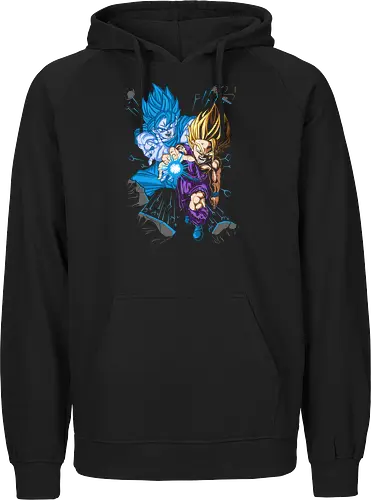 Father-Son Kamehameha - Father-Son Kamehameha, Goku, Gohan, Super Saiyan Blue, SSJ, Dragon Ball Z, DBZ, anime, manga, fan art, t-shirt design, art print, cool anime art, geek art, iconic scene, powerful duo, Kakarot. - Fairtrade Hoodie