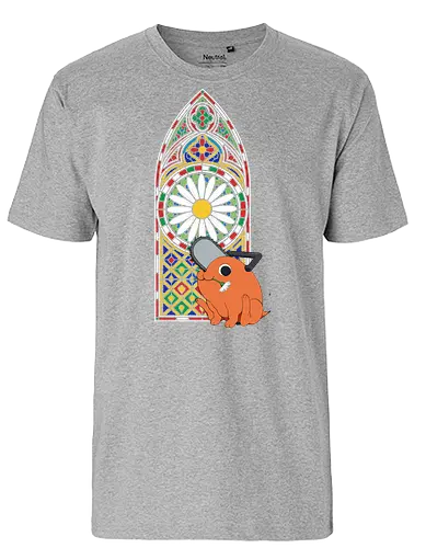 Holy Chainsaw Devil - Pochita, Chainsaw, Chainsaw Devil, stained glass, church window, anime, manga, cute, wholesome, fan art, t-shirt design, art print, religious parody, unique anime art, Denji, geek art - Fairtrade T-Shirt