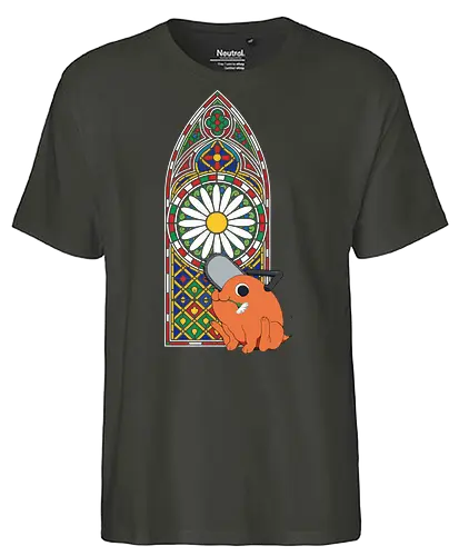  Holy Chainsaw Devil - Pochita, Chainsaw, Chainsaw Devil, stained glass, church window, anime, manga, cute, wholesome, fan art, t-shirt design, art print, religious parody, unique anime art, Denji, geek art - Fairtrade T-Shirt
