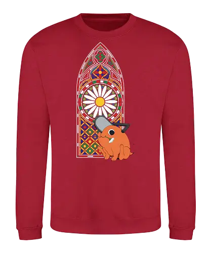  Holy Chainsaw Devil - Pochita, Chainsaw, Chainsaw Devil, stained glass, church window, anime, manga, cute, wholesome, fan art, t-shirt design, art print, religious parody, unique anime art, Denji, geek art - Sweatshirt