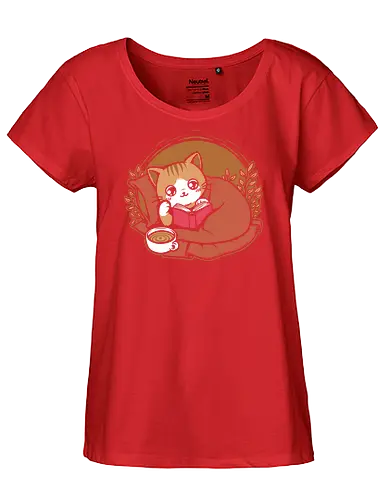 Comfy Cat Book - Cat, Cute, Fluffy, Book, Books, Bookworm, Comic Books, Bookstore, Coffee, Coffee Shop, Coffee Time, Tea, Adventure, Fantasy, Library - Fairtrade Girl Shirt