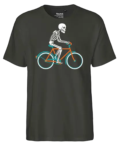 Cycling Skeleton - Cycling skeleton, bike, bicycle, funny Halloween, cyclist gift, macabre humor, minimalist, witty graphic, t-shirt design, art print, cool skeleton, fixie, retro bike, grim reaper - Fairtrade T-Shirt