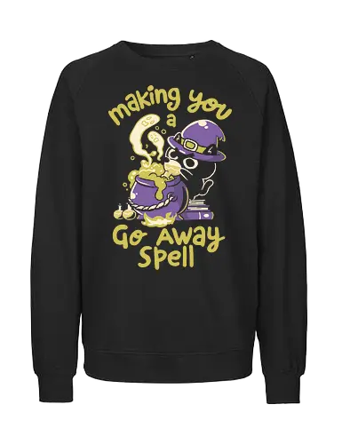 Go Away Spell - koalatees, koala, witch, cat, cat lover, introvert, cauldron, potion, sarcastic, black cat, spooky, halloween vibes, funny, cute - Fairtrade Sweatshirt