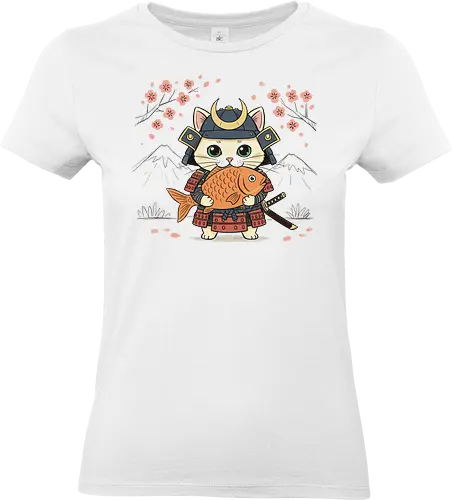  Samurai Cat and the Golden Catch - Samurai cat, cat warrior, cute samurai, Japanese art, kawaii, koi fish, cherry blossom, Sakura, cat lover gift, t-shirt design, art print, warrior kitty, historical humor, Japan culture, feline - Standard T-Shirt (Frauen)