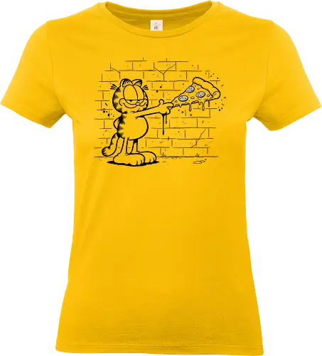 Graffiti Orange Cat's Slice - Orange Cat, pizza, comic strip, nostalgic, cartoon cat, funny pizza, pepperoni, graffiti art, street art, black and white, minimalist, fan art, t-shirt design, art print, pop culture, food humor - Standard T-Shirt (Frauen)