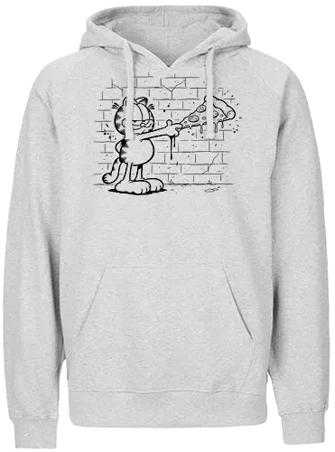 Graffiti Orange Cat's Slice - Orange Cat, pizza, comic strip, nostalgic, cartoon cat, funny pizza, pepperoni, graffiti art, street art, black and white, minimalist, fan art, t-shirt design, art print, pop culture, food humor - Fairtrade Hoodie