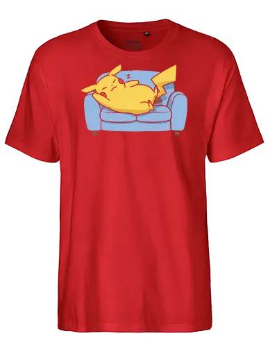 Sofa Mouse Nap - Mouse, sleeping Pikachu, Pocket, nap time, cozy, cute, kawaii, fan art, couch, sofa, t-shirt design, art print, electric type, gamer gift, geek art, wholesome, minimalist. - Fairtrade T-Shirt