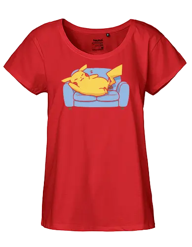 Sofa Mouse Nap - Mouse, sleeping Pikachu, Pocket, nap time, cozy, cute, kawaii, fan art, couch, sofa, t-shirt design, art print, electric type, gamer gift, geek art, wholesome, minimalist. - Fairtrade Girl Shirt