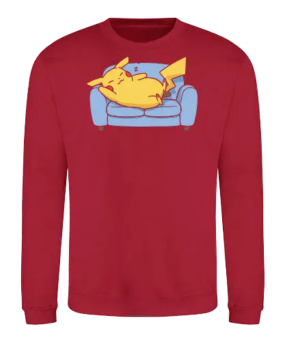 Sofa Mouse Nap - Mouse, sleeping Pikachu, Pocket, nap time, cozy, cute, kawaii, fan art, couch, sofa, t-shirt design, art print, electric type, gamer gift, geek art, wholesome, minimalist. - Sweatshirt
