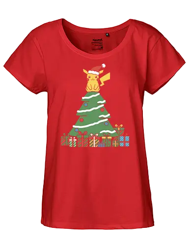 Holiday Mouse Star - Mouse, Christmas, holiday Pikachu, Pocket, Christmas tree, Santa hat, festive, cute, nostalgic, fan art, t-shirt design, art print, gamer gift, geek holiday, anime gift, Electric-type - Fairtrade Girl Shirt